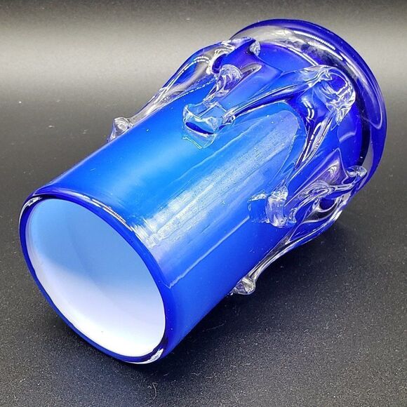 Murano Style Vintage Cobalt Blue White Cased Clear Rigaree Art Glass Vase - Picture 3 of 10